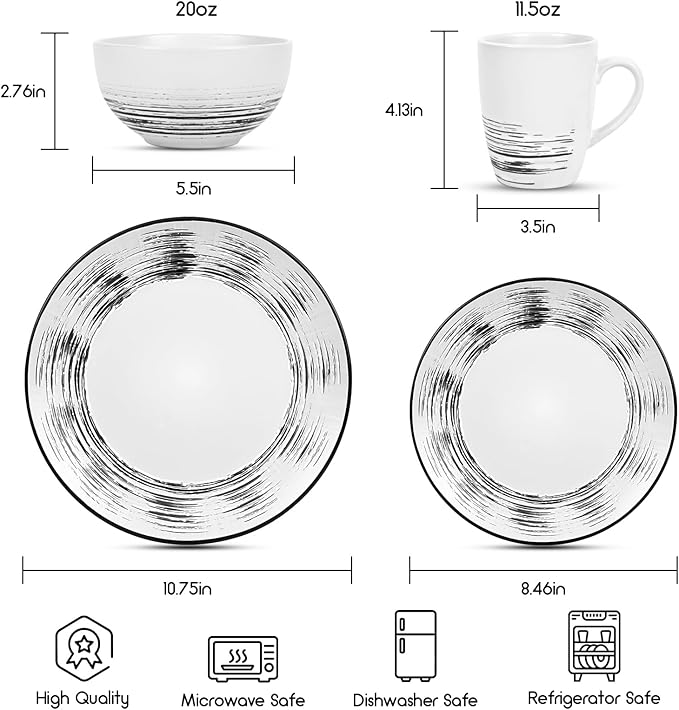 Homlouue 16 Pcs Stoneware Dinnerware Sets for 4 Porcelain Farmhouse Plates Bowls Mugs Set - Minimalist Chip Resistant Dish Set Microwave &amp Dishwasher Safe in White and Black Thread