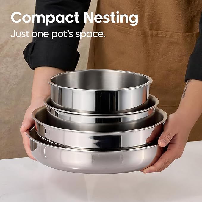 CAROTE 13pcs Tri-Ply Stainless Steel Cookware Set with Detachable Handle Pots and Pans Set Induction Kitchen Cooking Sets RV/Camping Cookware Oven Safe Woodgrain Style