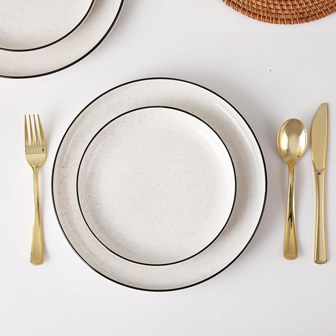 Plates and Bowls Sets for 412 Pieces Ceramic Dish set White Dinnerware Set for Kitchen Modern Design Plate Sets with Black Rim Microwave and Dishwasher Safe