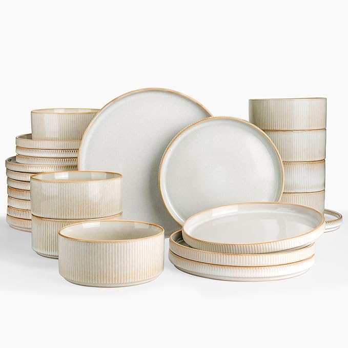 Famiware Star Plates and Bowls Sets Modern Stoneware Dinnerware Sets for 8 24-Piece Kitchen Dish Set - Microwave and Dishwasher Safe Chip and Scratch Resistant Cappuccino White