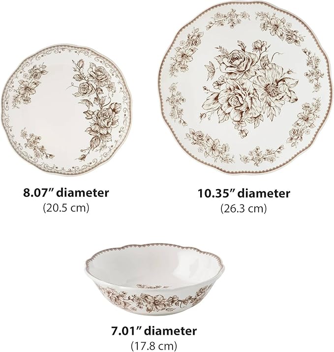 Agatha 12-Piece Stoneware Dinnerware Set – Service for 4 Rustic Farmhouse Plates &amp Bowls Vintage Floral Design Microwave &amp Dishwasher Safe (Brown)