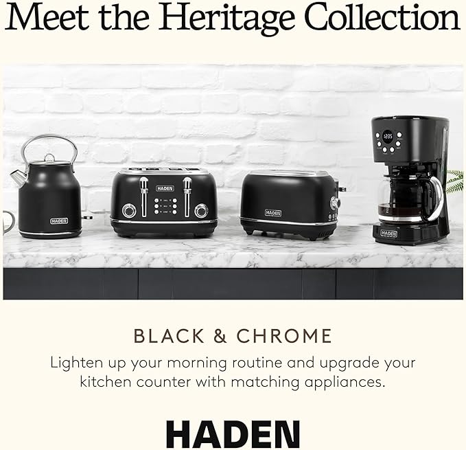 Haden Heritage 4 Slice Wide Slot Stainless Steel Toaster Bundled with 12 Cup Programmable Drip Coffee Maker Coffee Machine Black &amp Chrome