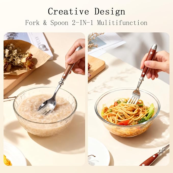 Sporks 8-Pack Stainless Steel Sporks 6.9 Inches Salad Forks and Spoons with Wood Grain Bakelite Handle For Dessert Ice Cream Salad Soup Noodle Spaghetti Dishwasher Safe