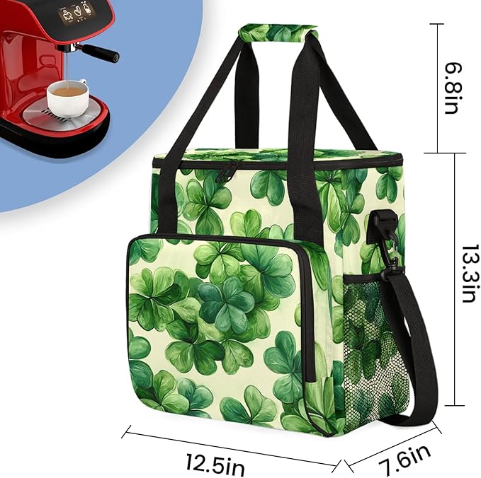 St Patricks Day Coffee Maker Travel Bag Clover Shamrock Insulated Grocery Bag Travel Picnic Leakproof Cooler Bags With Shoulder Strap