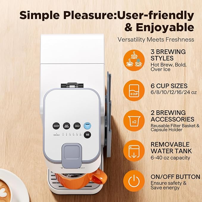 Hot &amp Iced Coffee Maker with Magnetic K-Pod Organizer (Pods Not Included) Stores 10 Pods 4-5 Cups Coffee Maker &amp Single-serve Brewer for K Cup &amp Grounds 40oz Removable Water Tank White