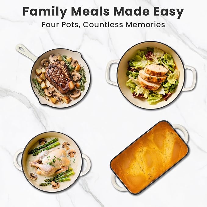 QuliMetal Enameled Cast Iron Cookware Set 5-Piece – 2.3QT Dutch Oven 4.7QT Braiser 10 Skillet 9x5 Oval Bread Pan &amp Rack – Versatile Oven-Safe Enamel Cast Iron Pots and Pans for Home Cooking
