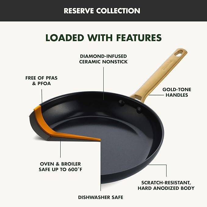 GreenPan Hard Anodized Healthy Ceramic Nonstick 16 Piece Cookware Pots and Pans Set Gold Handle PFAS-Free Dishwasher Safe Oven Safe Black