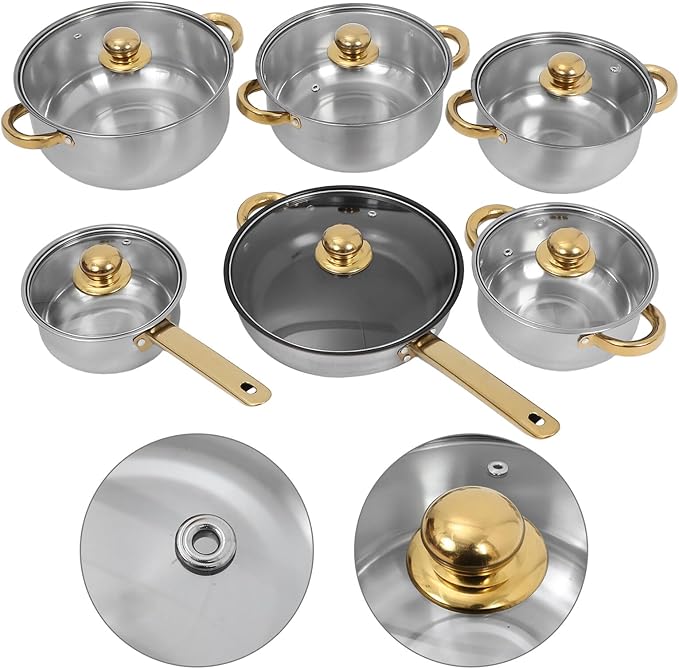 VANZACK Stainless Steel Cookware Set with Nonstick Frying Pan and Gold Handles Even Heat Distribution Pots and Saucepan for Induction Gas Electric Stoves Kitchen Essentials for Family