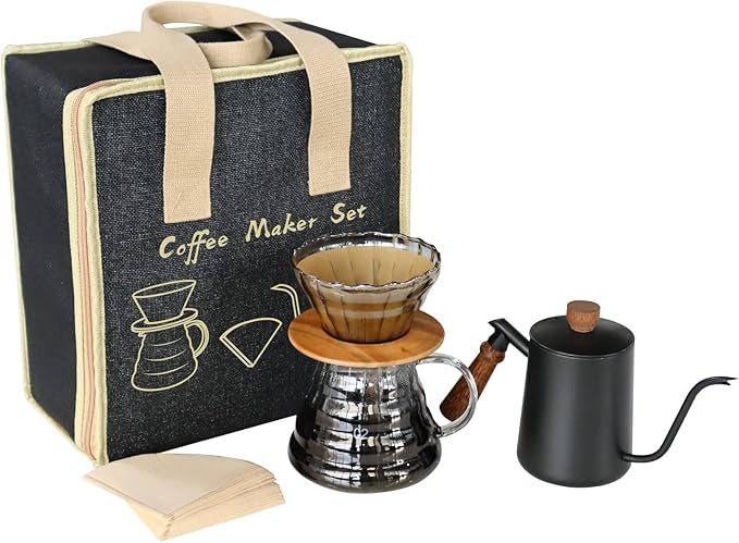 SOTECH Pour Over Coffee Maker Set with Black Gooseneck Kettle Wooden Pad Holder Coffee Dripper Server DIY Manual Portable Coffee Maker Set