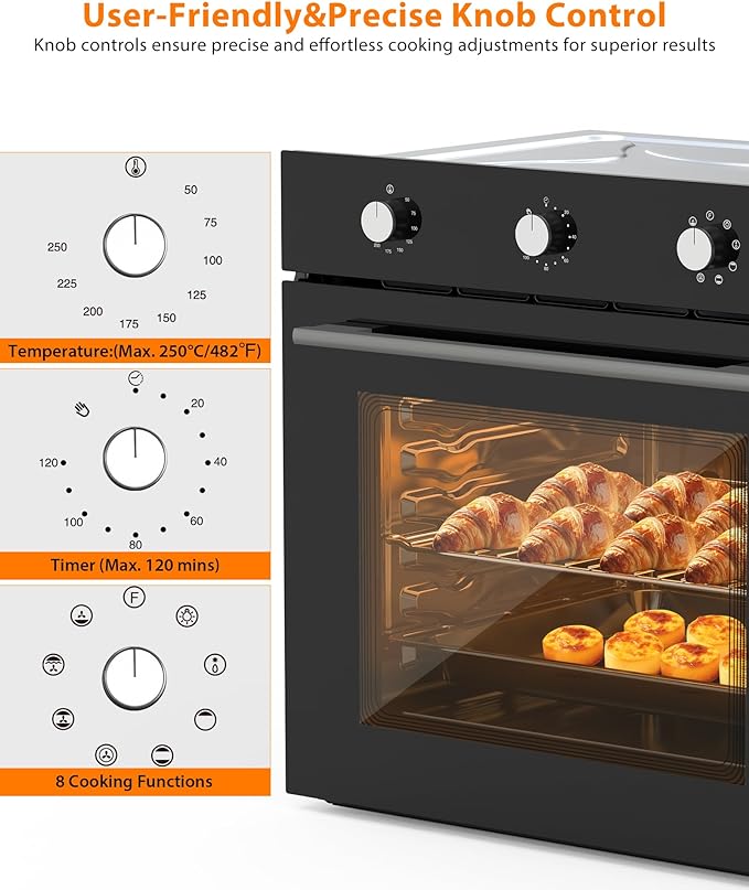 24 Built-in Electric Oven - 2.5 CF Convection 3000W Power 240V 8 Cooking Modes Stainless Steel Finish Mechanical Controls Transparent Window Black Design