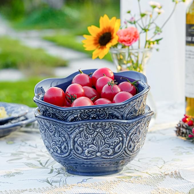 Sungmor Embossed Stoneware Fine Dining Dinnerware Antique Baroque Style Porcelain 6 Inch (20 oz) Flower Shape Bowls Set of 4 Sophisticated Ceramic Bowls for Soup Cereal Oatmeal Rice Pasta Salad