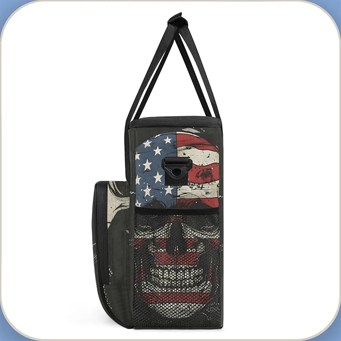 Skull American Flag Travel Coffee Maker Carrying Bag Large Organizer Storage Tote Bag Insulated Reusable Cooler Grocery Bags
