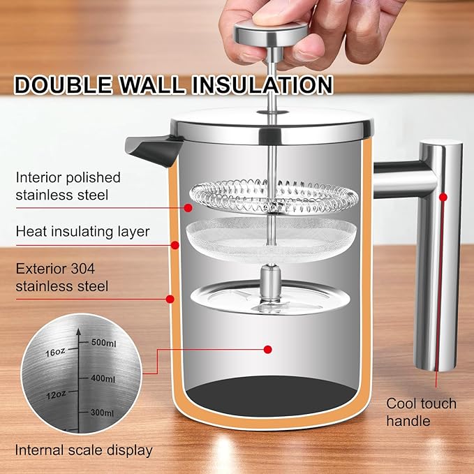 French Press Coffee Maker with Scale 304 Stainless Steel French Press 17OZ Double-Wall Insulated Food Grade Suitable for Kitchen and Travel Camping