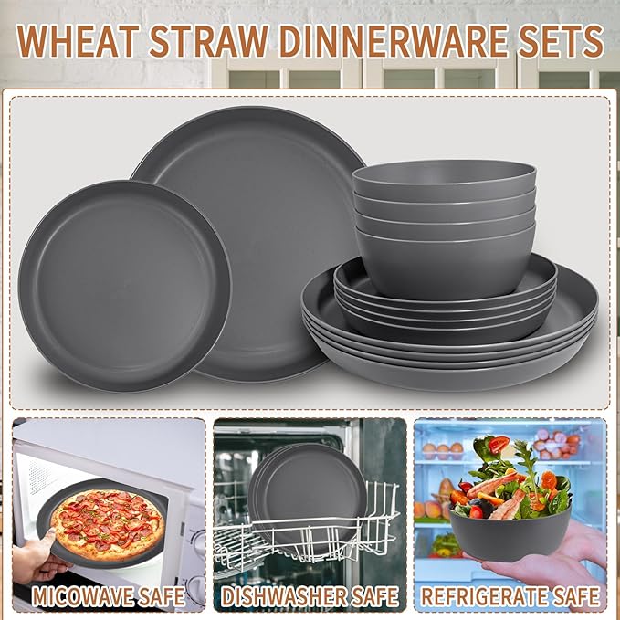 EI 12pcs Wheat Straw Dinnerware Set of 4Kitchen Plates and BowlsReuasble PlatesUnbreakable Dinner PlateHard Premium Plastic Plate for CampingPicnincHalloween