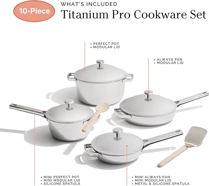 Our Place Titanium Pro Cookware Set | 10-Piece Pots and Pans Set with Always Pan Pro Perfect Pot Pro &amp Minis | Non-Toxic No-Coating Nonstick | Induction &amp Oven-Safe up to 1000°F | Chrome