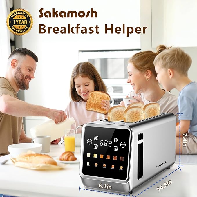 Smart Toaster 4 Slice Touch Screen Digital Toasters with 6 Browning Levels &amp 5 Bread Types Bagel Extra Long Wide Slots Memory Function Timer 1400W Stainless Steel