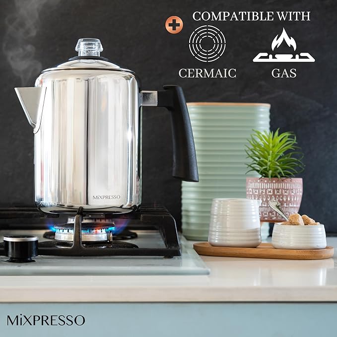 Mixpresso Stainless Steel Coffee Percolator Stovetop 37oz Classic Percolator Coffee Pot Great For Camping Pot 5-8 Cup Stove Top Espresso Maker Cool-Touch Handle