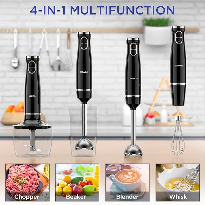 Howork 450W Immersion Hand Blender 4-in-1 Multifunctional 2 Speed Stainless Steel Handheld Stick Blender Titanium Cross Blade 600ml Mixing Beaker and 500ml Food Processor Dishwasher Safe Black