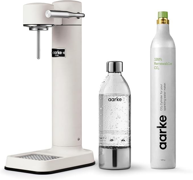 Aarke Carbonator lll with CO2 Cylinder Sparkling &amp Carbonation Water Machine Stainless Steel with PET BPA-Free Reusable Bottle Volume 1L/34 fl oz (Matte White)