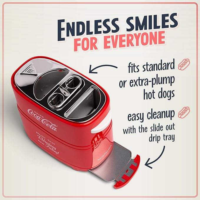 Nostalgia Coca-Cola Hot Dog Toaster - 2 Slot Bun Mini Tongs - Works with Chicken Turkey Veggie Links Sausages and Brats - Coke Red