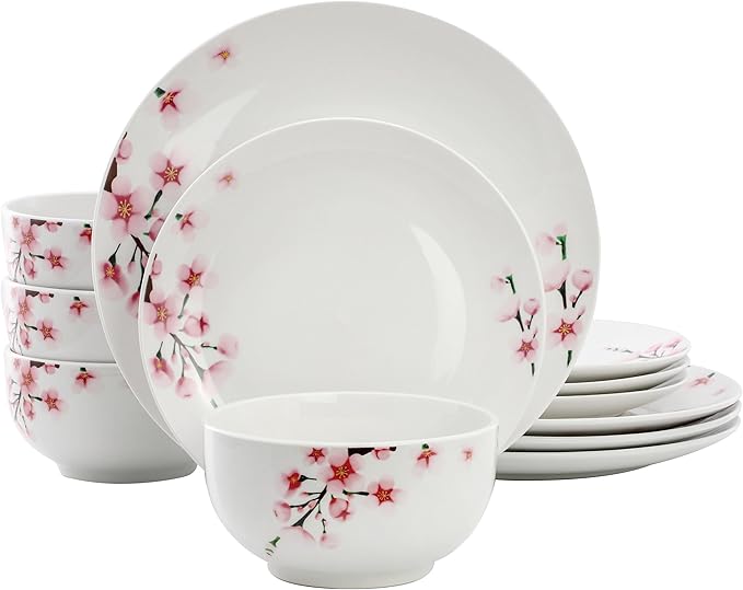 Elama Tamara 12 Piece Cherry Blossom Porcelain Dinnerware Set Service for 4 in White and Pink