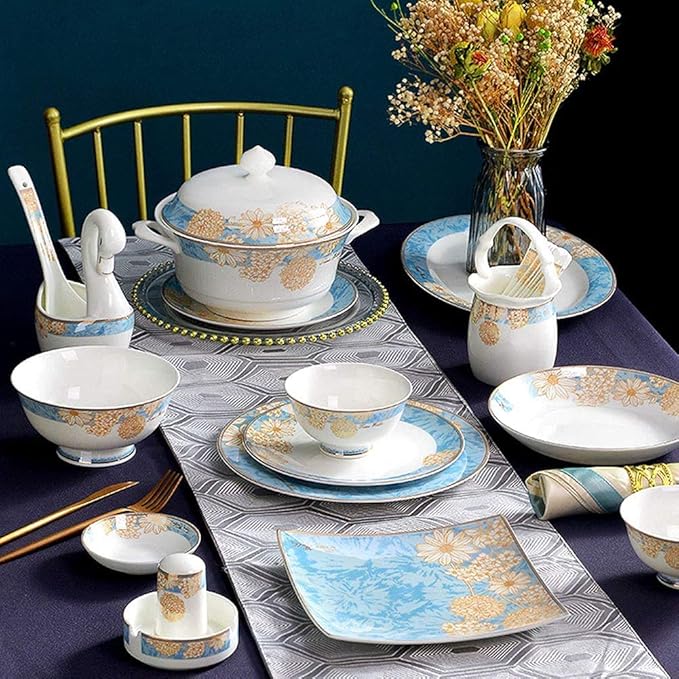 Dinner Plates Pottery Tableware 60 Pieces Dinnerware Set Porcelain Dishes Set with Exquisite Pattern and Complete Equipment European Palace Style Service for 10