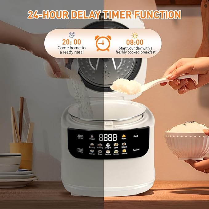 10 in 1 Low Carb Cooker with Steamer Low Sugar 2L Rice Cooker Smart Control Multifunction Rice Cooking 24hr Delay Timer 8hr Keep Warm for White/Brown Rice Porridge and Soup
