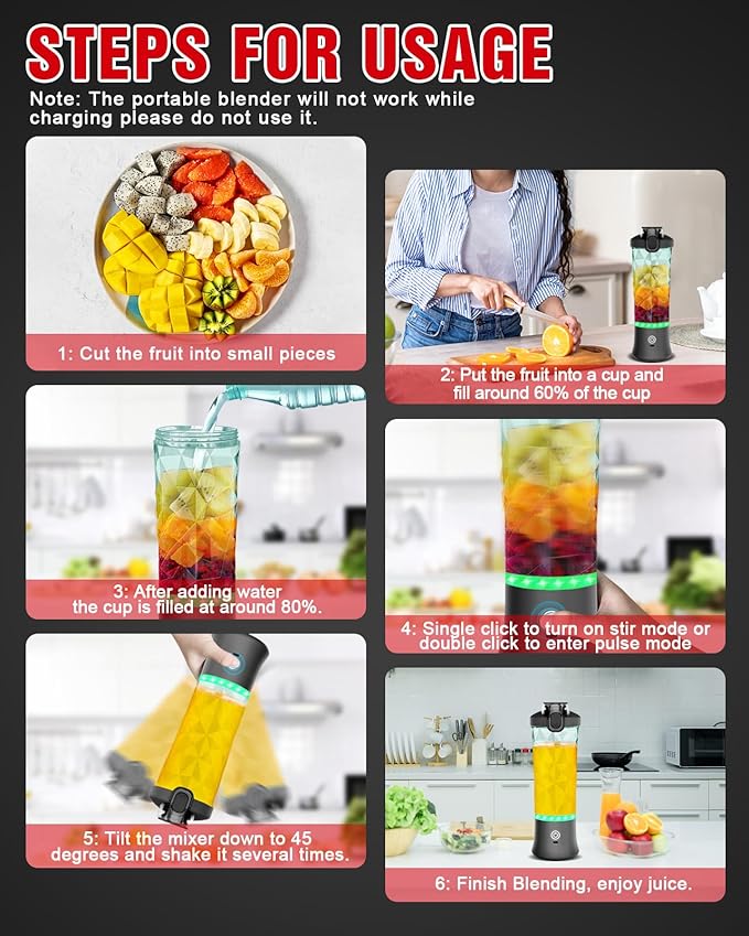 Portable Blender 20 Oz Mini Personal Blender for Shakes and Smoothies 240W Small Blender USB Rechargeable with 6 Blades &amp Travel Lid BPA Free for Kitchen Office Gym and Travel (Black)