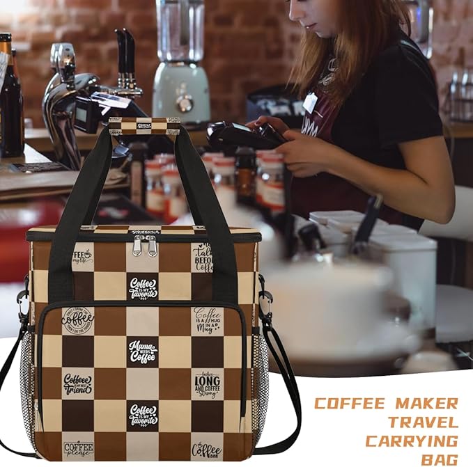 cfpolar Coffee Brown Grid Coffee Maker Carrying Bag Coffees Machine Travel Storage Bag Compatible with K-Mini or K-Mini Plus Portable Single Serve Coffees Brewer Case with Pockets for K-Cup Pods