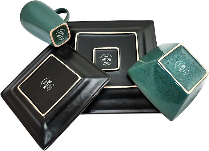 16 Piece Square Dinnerware Set in Dark Teal and Black Blue Solid Modern Contemporary Stoneware Dishwasher Safe