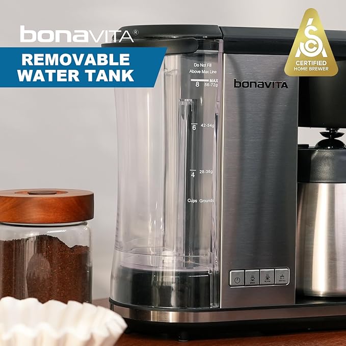 Bonavita Enthusiast 8 Cup Drip Coffee Brewer Pour Over SCA Certified Coffee Machine with Thermal Carafe Stainless Steel Panel Removable Reservoir Matte Black
