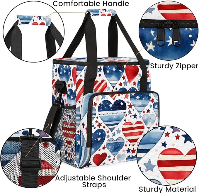 Patriotic Hearts 4th of July Coffee Maker Carrying Bag Travel Storage Bag Compatible with K-Mini or K-Mini Plus Single Serve Coffee Brewer Carrying Case with Multiple Pockets &amp Shoulder Strap