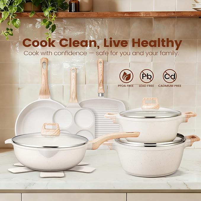 AOSION 27PCS Pots and Pans Set Nonstick Ceramic Cookware Set Healthy Kitchen Cooking Set with Gloves Apron Silicone Tools &amp Pot Protectors Oven &amp Dishwasher Safe PFOA/PFOS FreeIvory