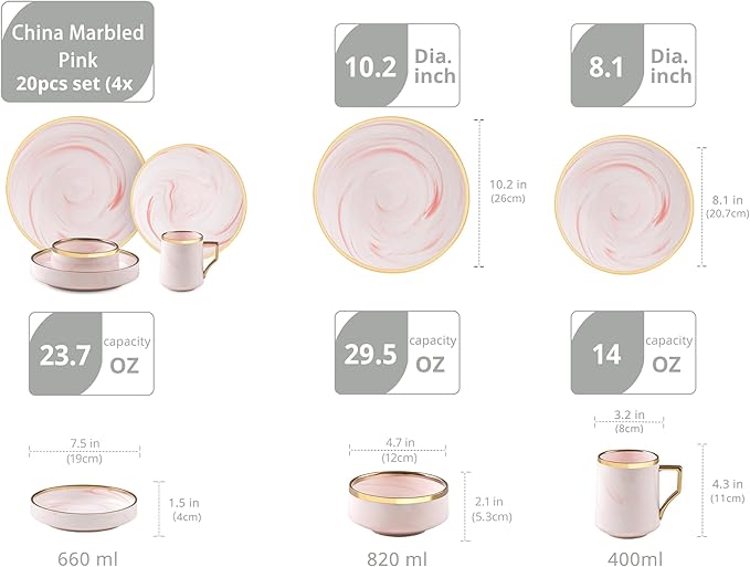 20 Piece Plates and Bowls Sets Fine China Artisan Marbled Dinner Set for 4 Dishwahser Safe Scratch Resistant Pink with Gold Line