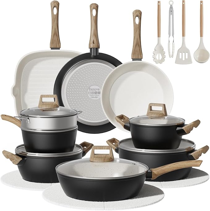 24Pcs Pots and Pans Set Non StickCeramic Cookware Set with Titanium-Reinforced Nonstick CoatingLong-LastingPFAS-FreeInduction CompatibleFull Kitchen Set with 3 Stock Pots for Family CookingBlack
