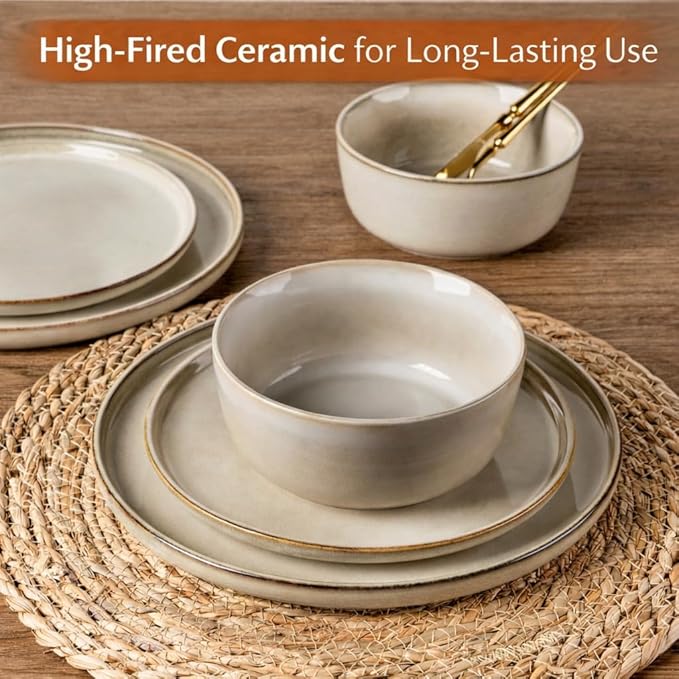 AmorArc Stoneware Dinnerware SetsRound Reactive Glaze Plates and Bowls SetHighly Scratch Resistant | Dishwasher &amp Microwave Safe Dishes SetService for 4 (12pc)