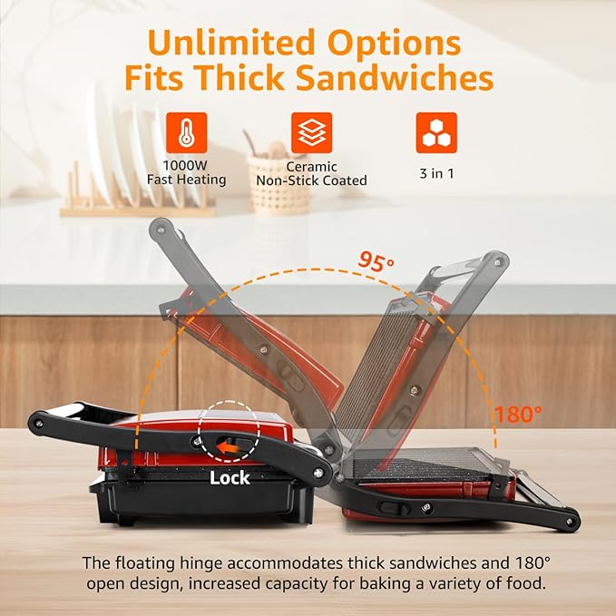 Aigostar Toaster 2 Slice Retro Extra-Wide Slot Toasters and Panini Press Grill Aigostar 1000W Sandwich Maker