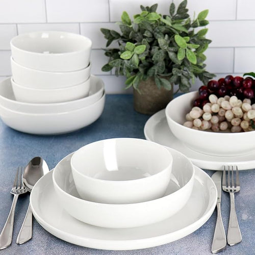 12 Piece Ceramic Dinnerware Set – Stackable White Plates and Bowls Fine Ceramic Dishwasher &amp Microwave Safe