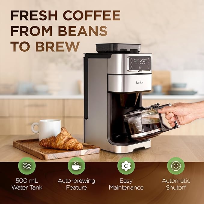 Ivation 2-in-1 Drip Coffee Maker &amp Grinder – Programmable Auto Brew &amp Timer - Warming Plate - 10 Cup - Reusable Filter Basket – 1.5L Water Tank – 1000W - Pause and Pour