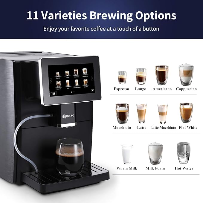 Hipresso Super Fully Automatic Espresso Coffee Machine-7 HD TFT Touchscreen with Milk Frother 19 Bar Pressure