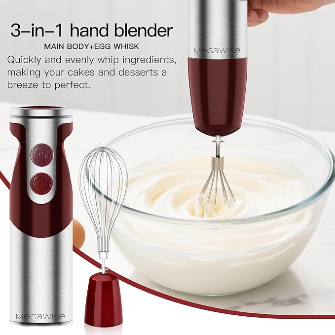 Megawise 3-in-1 Hand Blender – 12-Speed Includes Powerful Blender Stick Whisk and Milk Frother – Easy to Clean and Perfect for Smoothies and More (Red)