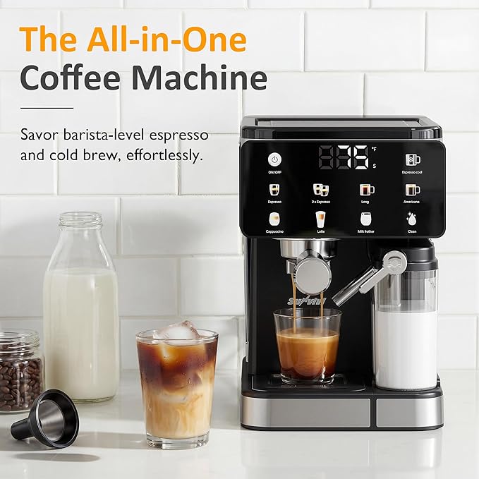 SUNVIVI Espresso Machine with Cold Brew All-in-one Iced Coffee Maker with Automatic Milk Frother LED Touchscreen 51OZ Water Tank Pressure Coffee Machine for Latte Cappucinno Self-clean Black