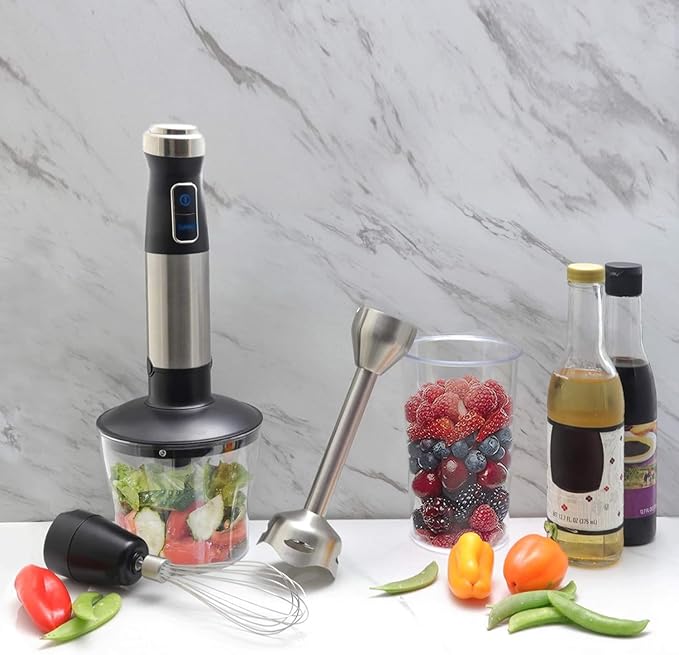 4-in-1 Immersion Hand Blender with Speed Control – Multipurpose Stick Blender with Whisk Chopper and Beaker – Powerful 300W for Smoothies Soups Sauces &amp More