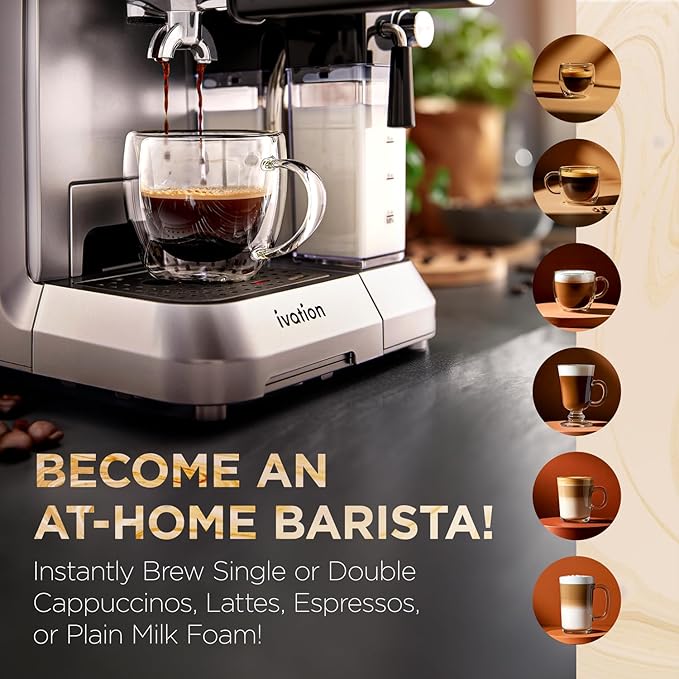 Ivation Espresso &amp Cappuccino Maker w/Milk Frother | 58mm | Coffee Machine for Home | Single &amp Double Shots | Espresso Cappuccino Latte &amp Froth | Auto-Clean &amp Descale - Detachable M