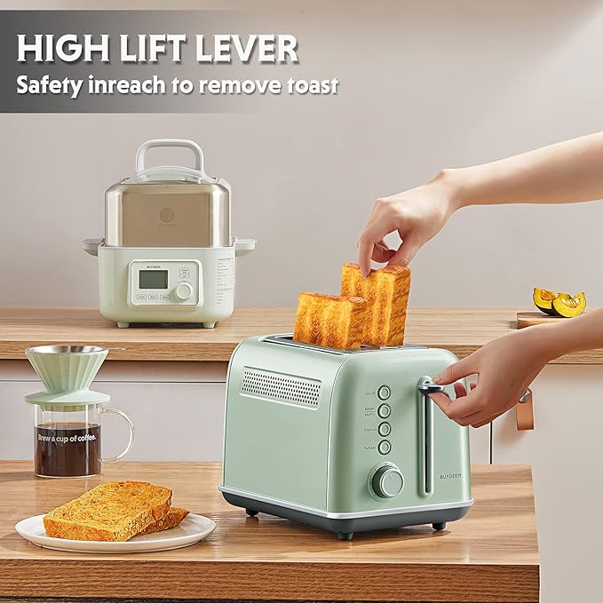 BUYDEEM DT620 2-Slice Toaster Extra Wide Slots Retro Stainless Steel with High Lift Lever Bagel and Muffin Function Removal Crumb Tray 7-Shade SettingsCozy Greenish