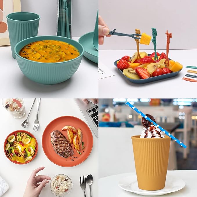 48 Pcs Dinnerware Sets Unbreakable Plates and Bowls Sets Reusable Dinnerware Sets for 4 People Travel Camping Picnic Home Party Cutlery Set Dishwasher Microwave Safe Dishes