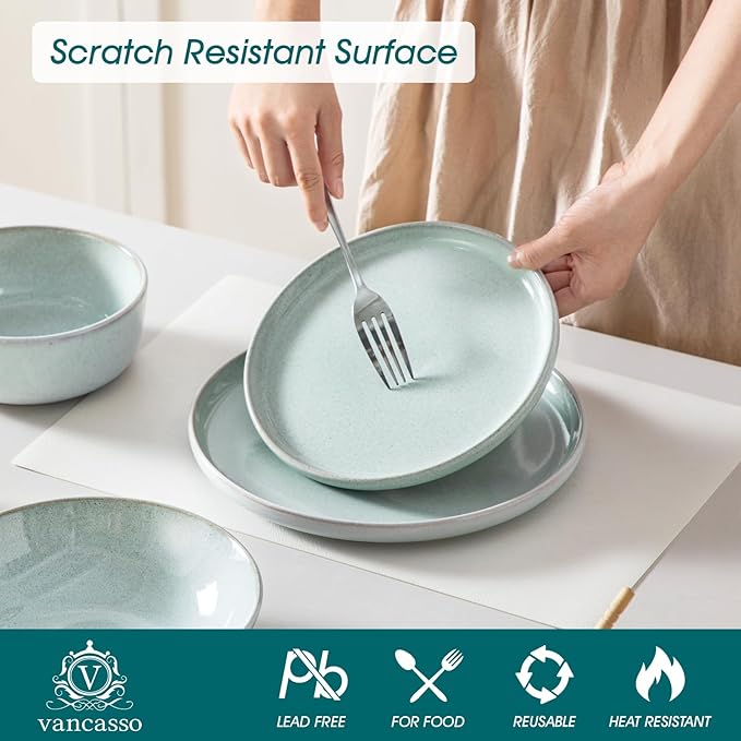 vancasso ANYA 24 Pieces Plates and Bowls Set Mint Green Dinnerware Sets Reactive Glaze Dishes Set for 6 Ceramic Dishware Sets Kitchen Dinner Set Microwave &amp Dishwasher Safe