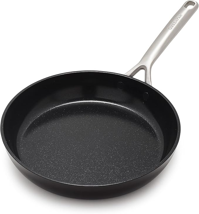 GreenPan GP5 Hard Anodized Healthy Ceramic Nonstick 10 Frying Pan Skillet Heavy Gauge Scratch Resistant Stay Flat Surface Induction Mirror Finish HandleOven Safe PFAS-Free Black