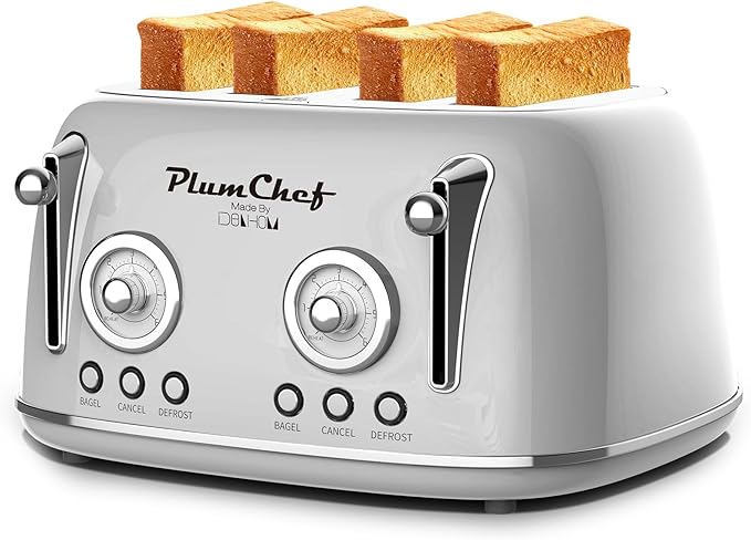 Plumchef 4 Slice Wide Slot Retro Style Toaster Dual Control Toaster wtih Timer 6 Browning Settings Bagel/Defrost Functions Removable Crumb Tray Stainless Steel Housing 1650W (1 Sliver)