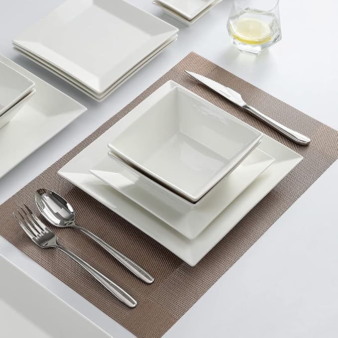 Porlien 16-Piece Classic Square Dinnerware Set for 4-Square Dinner Plates Dessert Plates Bowls &amp Dipping Saucers Off White Dishes for 4